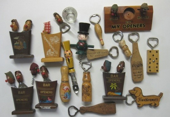 6 Wooden bar sets: 6 Wooden bar sets with 2 figural characters- corkscrew and bottle opener; along with 10+ miscellaneous bottle openers and corkscrew; fair condition, various sizes.