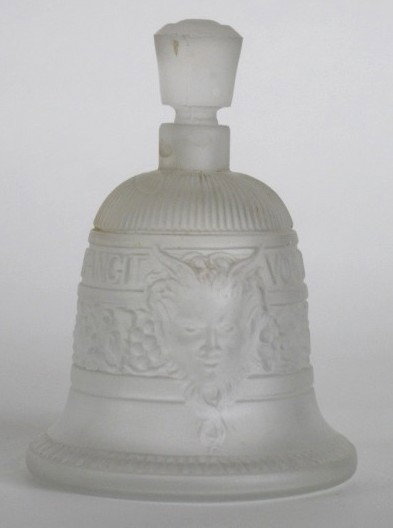 20th c. Frosted glass perfume bottle: 20th c. Frosted glass perfume bottle- bell form, inscribed 'Vocem-Meam-Audit-Qui-Me-Tangit'', with Satyr's head. 4''h