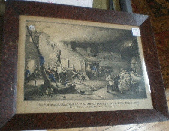 Kellogg and Comstock lithograph: Kellogg & Comstock- ''Providential Deliverance of John Wesley From Fire, Feb. 9th, 1791- lithograph with hand-coloring, some staining. 10 x 13 1/2''