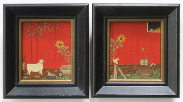 E. Hagert Heindl 2 oils: E. Hagert Heindl- Barn Yard Scenes- 2 oils on panel, both signed E. Hagert Heindl, very good condition. 5 x 4''ea.