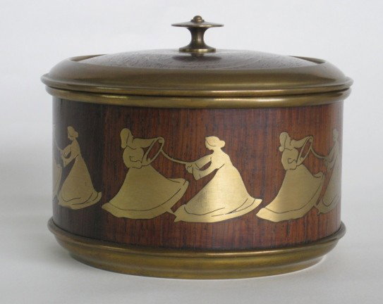 Art Nouveau Vienna rose wood and brass box: Art Nouveau Vienna rose wood and brass box- band of dancing ladies. 4''h, 5 1/2''dia