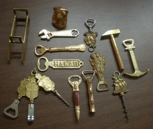 10+ Brass figural bottle openers and sets: 10+ Brass figural bottle openers and sets- some wear, otherwise good condition, various sizes.
