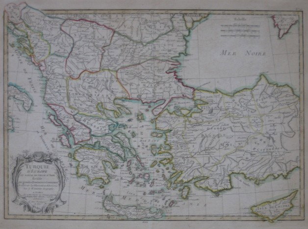 R. Janvier map ''Turquie'': Janvier, Robert. ''Turquie d'Europe et Partie de Celle d'Asie.'' Paris, ca. 1780, engraving with outline coloring, paper age toned, a few minor tears at outer edges.