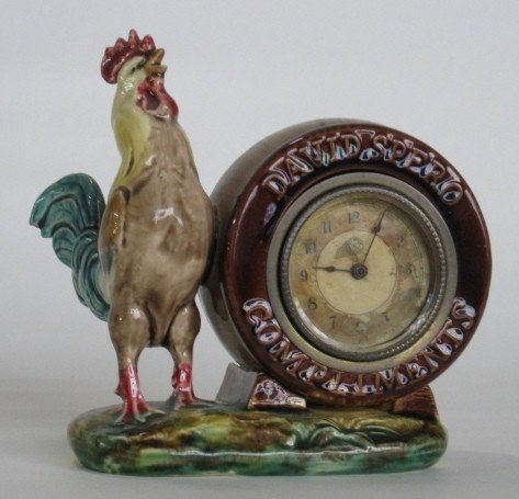 French Majolica George Dreyfus figural clock: French Majolica George Dreyfus figural rooster clock with advertising ''David Spero compliments', New Haven Clock Works. 5 1/2''h