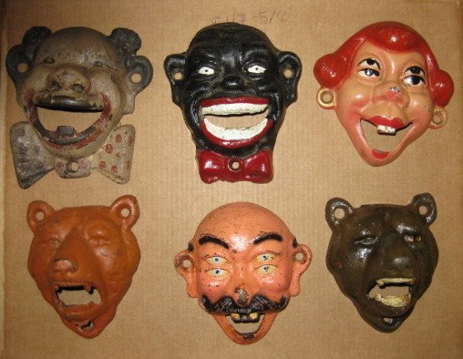 6 Wall mounted figural bottle openers: 6 Wall mounted figural bottle openers- in form of a woman, 2 men, clown and 2 bears- some wear, otherwise good condition, various sizes.