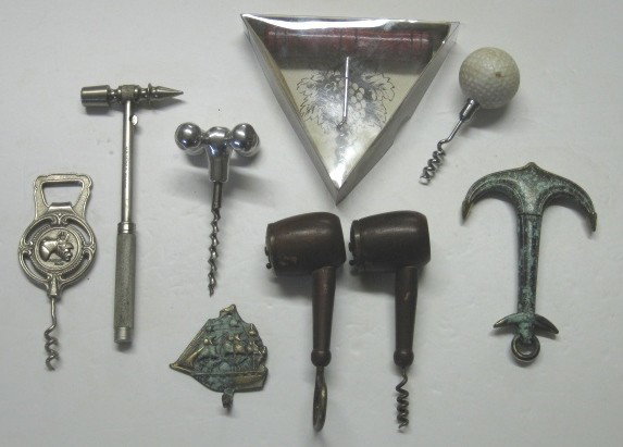 7 Various corkscrews and openers: 7 Various corkscrews and openers- along with an ice pick, some wear, otherwise good condition, various sizes.