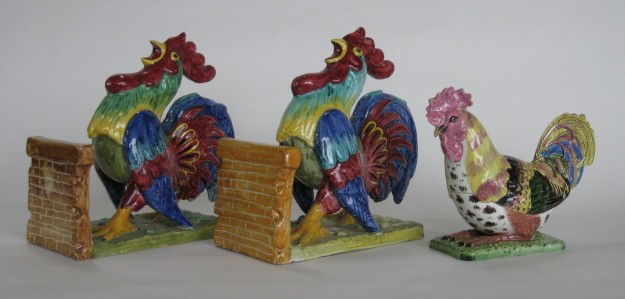 Cantagalli earthenware rooster bookends: Cantagalli earthenware rooster bookends. 9''h together with a porcelain covered box in the form of a rooster (has a chip on the inside rim.