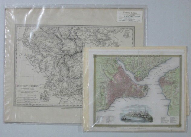 2 Steel engraved maps: Map of Ancient Greek engraved by J. & C. Walker, laid down. 9 1/2 x 14'' together with an engraved map of ''Constantinople with Its Suburbs''- engraved by J. Dover, good condition. 9 x 11''