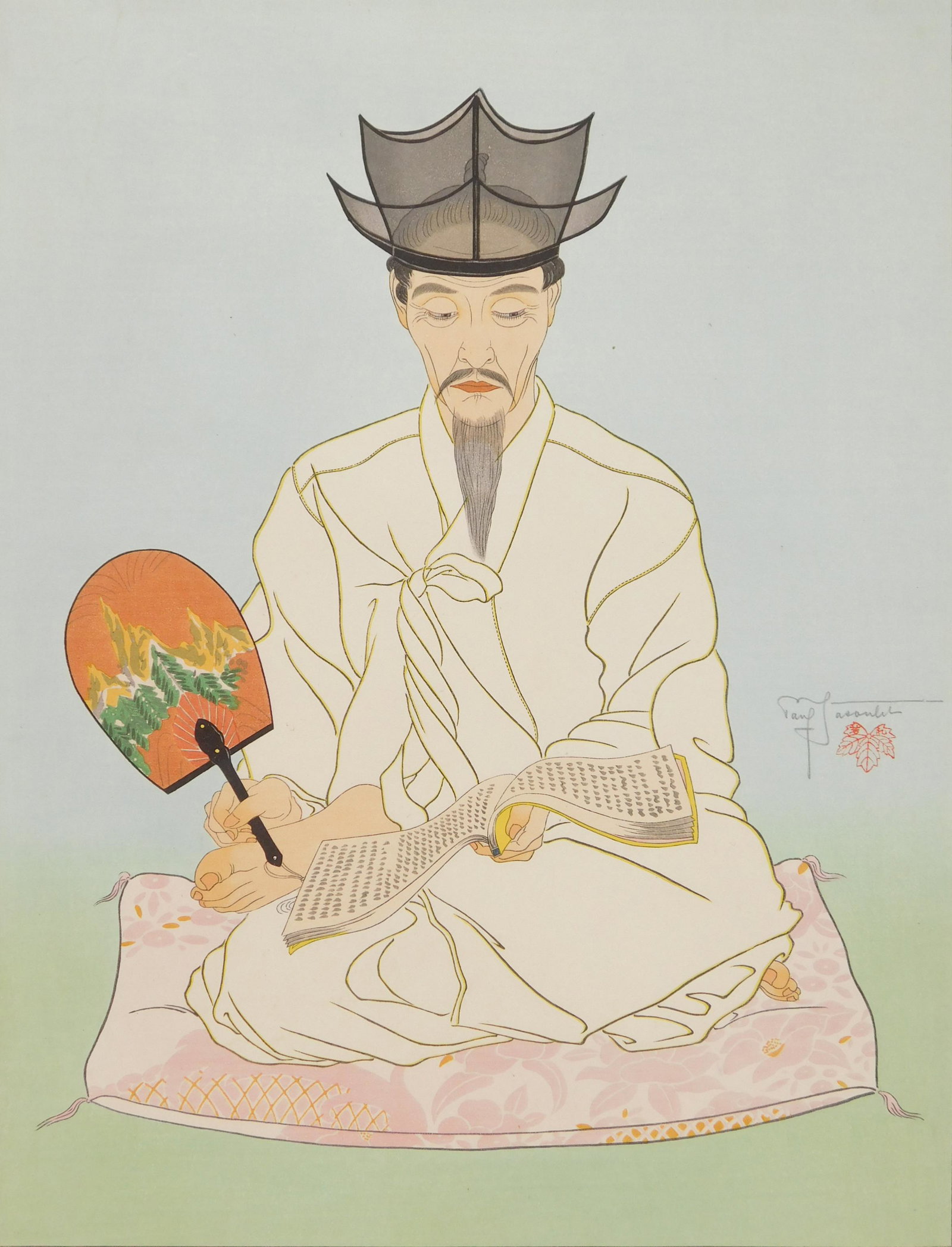 Paul Jacoulet woodblock in colors: Paul Jacoulet (French 1902-1960) ''Les Vieux Manuserits, Seoul'' (Miles 99)- woodblock in colors, 1948, signed in pencil in image, numbered 94/250, ivy seal, crease in lower right corner of image. 15 