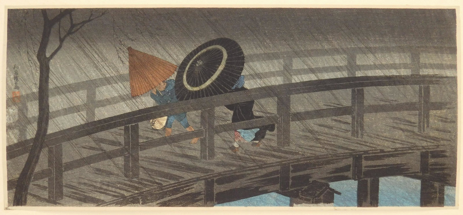 Hiroaki Takahashi woodblock: Hiroaki (Shotei) Takahashi (1871-1945) ''Rain on Izumi Bridge''- woodblock in colors, adhered to support sheet in all 4 corners. 6 1/2 x 14 3/4''