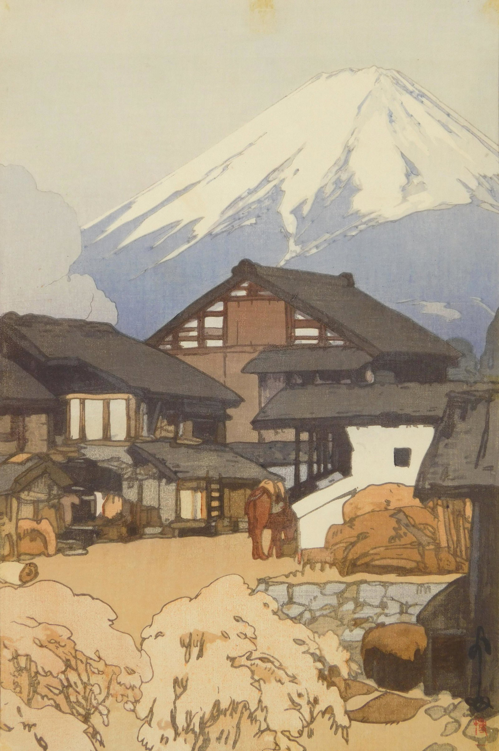 Hiroshi Yoshida woodblock in colors: Hiroshi Yoshida (Japanese 1876-1950) ''Fujiyama From Funatsu''- woodblock in colors on silk, signed and titled in pencil, Jizuri seal lower right, from the series 'Ten Views of Fuji', 4 repaired tears