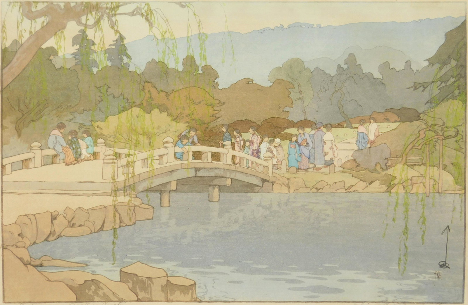 Hiroshi Yoshida woodblock in colors: Hiroshi Yoshida (Japanese 1876-1950) ''Maruyama Park, Kyoto'' (Abe 183)- woodblock in colors, 1933, signed in pencil, stamped title, Jizuri seal, from the 'Kansai District series. 9 1/2 x 14 3/4''
