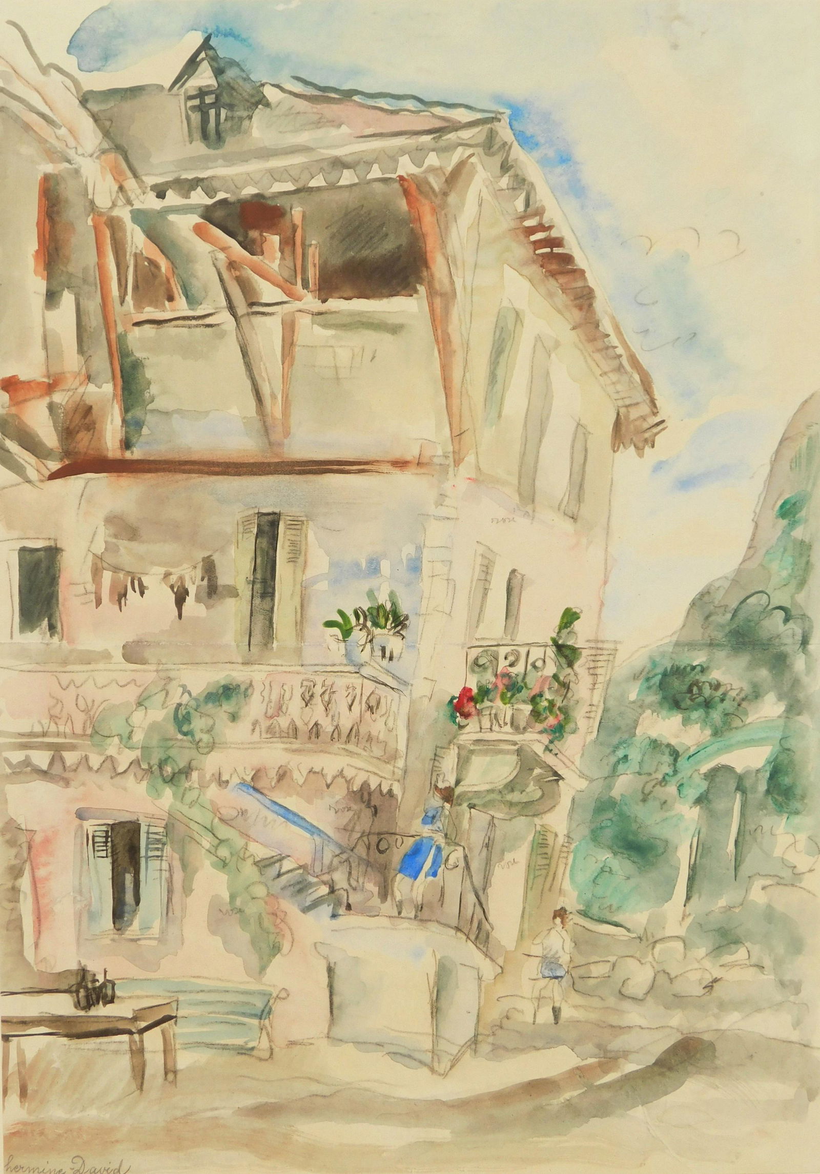 Hermine David watercolor: Hermine David (French 1886-1971) Town- watercolor and graphite on paper, ca. 1930, signed Hermine David lower left. 14 1/2 x 10''