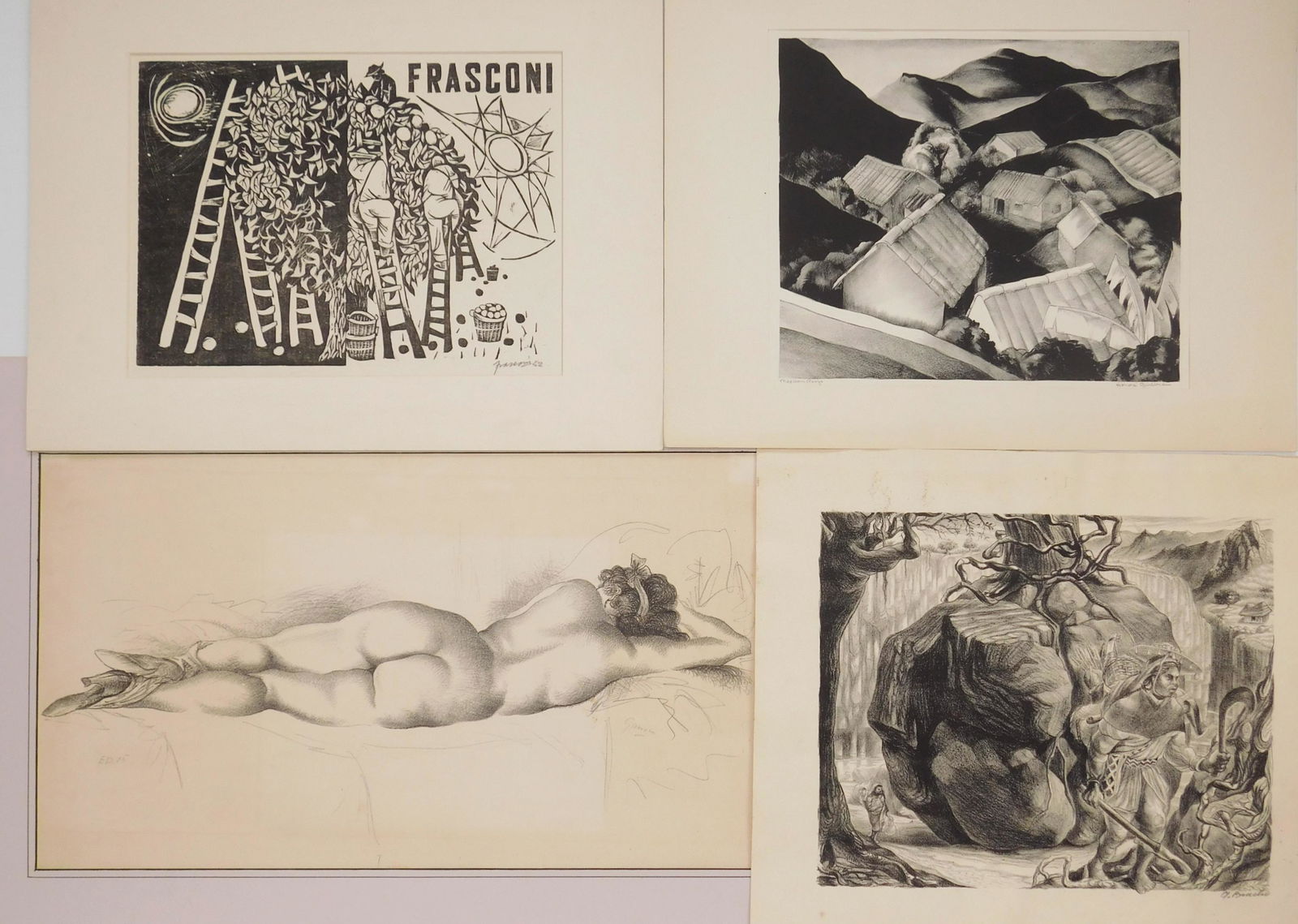 4 American prints: 4 American prints 1). G. Bancho- Untitled- lithograph, signed in pencil, rippling throughout and tear in bottom margin. 11 1/8 x 13 5/8''; 2). Antonio Frasconi- ''Day and Night''- woodcut, 1952, signe