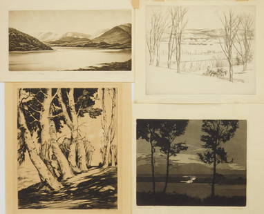 4 Etchings: 4 Etchings 1). Andrew Butler- ''Windsor Vermont''- 1926, signed and dated in pencil. 7 7/8 x 9 3/4''; 2).Alfred Hutty (American 1877-1954)- Trees- etching, signed in pencil in pencil, light struck and