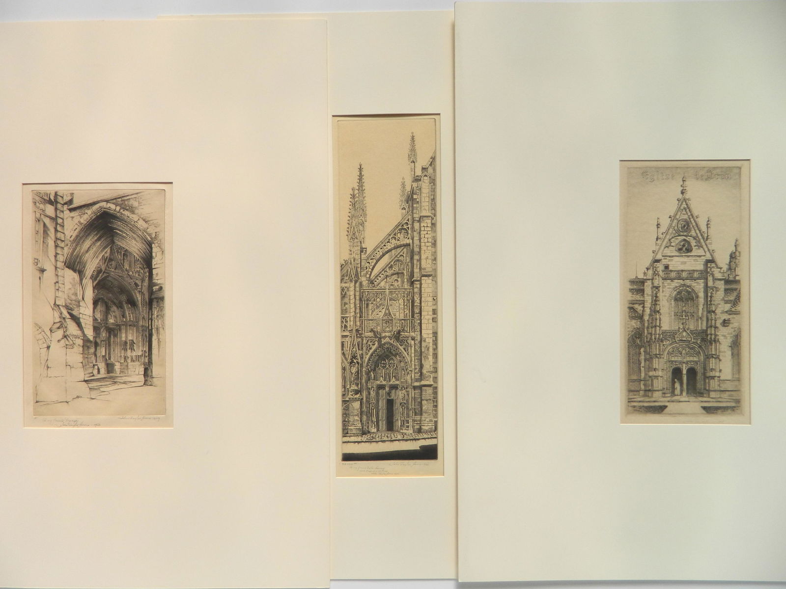 3 John Taylor Arms etchings: John Taylor Arms (1887-1953) 1). ''Eglise de Notre Dame, Bourg- En Bresses'' (Fletcher 187)- etching, 1927, signed in pencil, edition of 100. 8 3/8 x 4 1/8'' 2). ''Louviers Lace'' (F. 303)- etching, 1