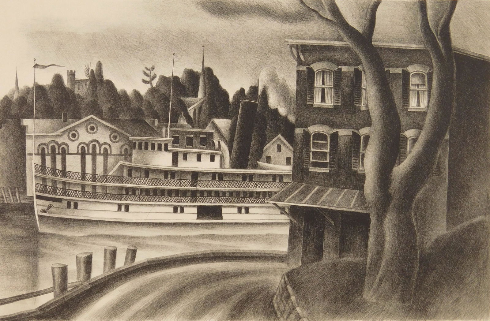 Ernest Fiene lithograph: Ernest Fiene (1894-1965) ''Riverboat Roundout''- lithograph, 1928, signed, titled, dated and inscribed in pencil, edition of 50. 10 1/4 x 15 3/4'' Illustrated: "Fifty Prints of the Year 1929"