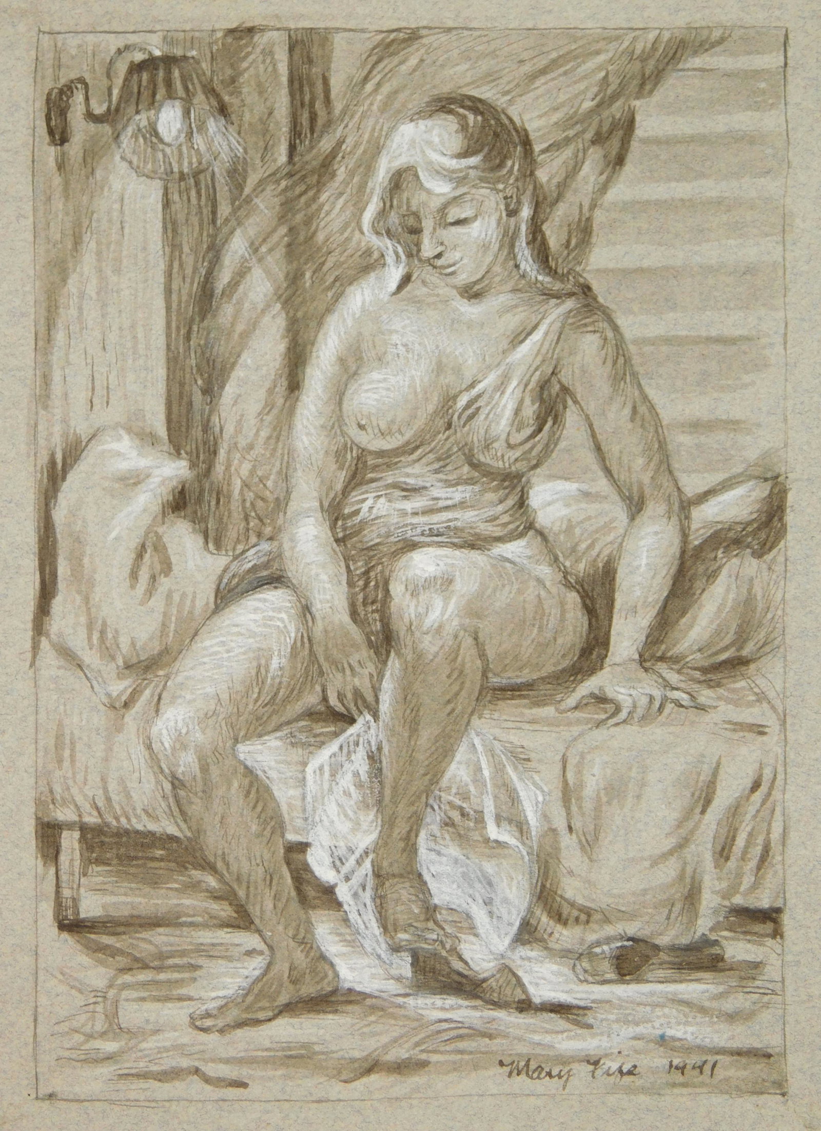 Mary Fife ink and gouache: Mary Fife (1898-1990) Seated Nude- in and gouache on gray paper, 1941, signed and dated in ink lower right, creasing and fading in margins. 5 3/4 x 4''