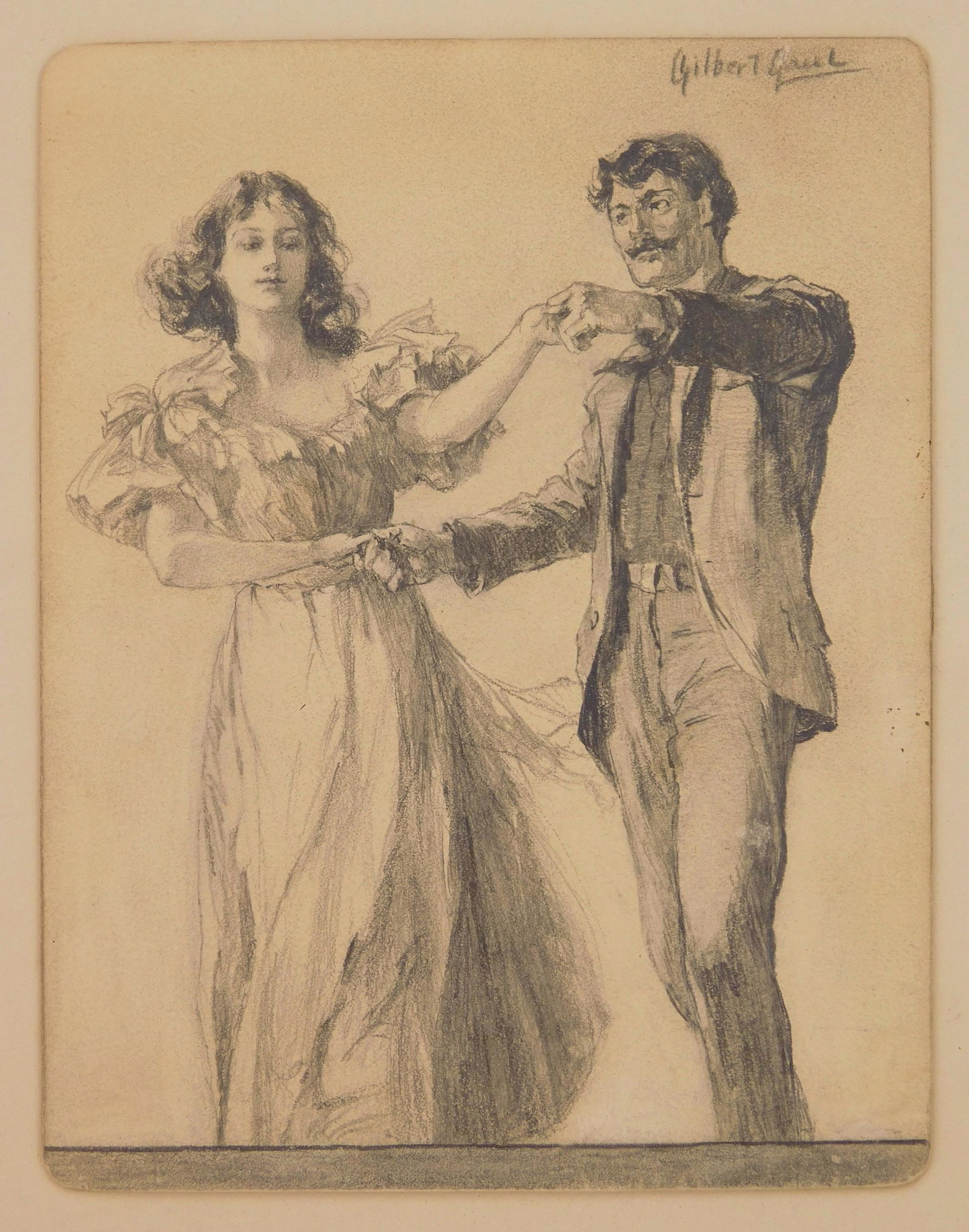 Gilbert Gaul drawing: Gilbert Gaul (1855-1919) Couple Dancing- graphite on cardboard, signed Gilbert Gaul upper right. 7 1/2 x 5 3/4''