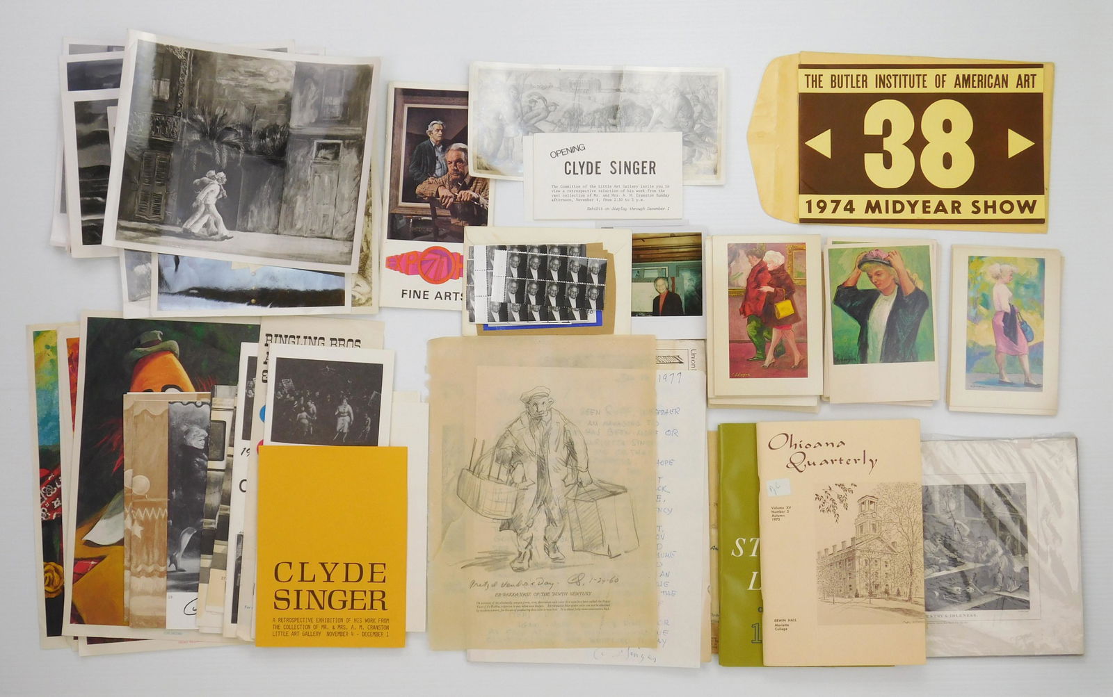 Clyde Singer ephemera: Clyde Singer (1908-1998) Lot of ephemera including post cards, photographs, exhibition catalogs and brochures, newspaper clippings, letter and a graphite sketch, fair condition.