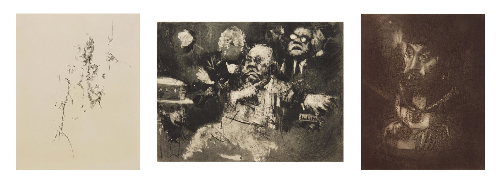 3 Jack Levine etchings: Jack Levine (American 1915-2010) 1). ''Judas Maccabeas'' (Prescott 15)- etching, 1963-64, signed and annotated 'artist's proof' in pencil, edition of 100. 9 3/4 x 7 3/4''; 2). ''Maimonides I'' (P. 14)