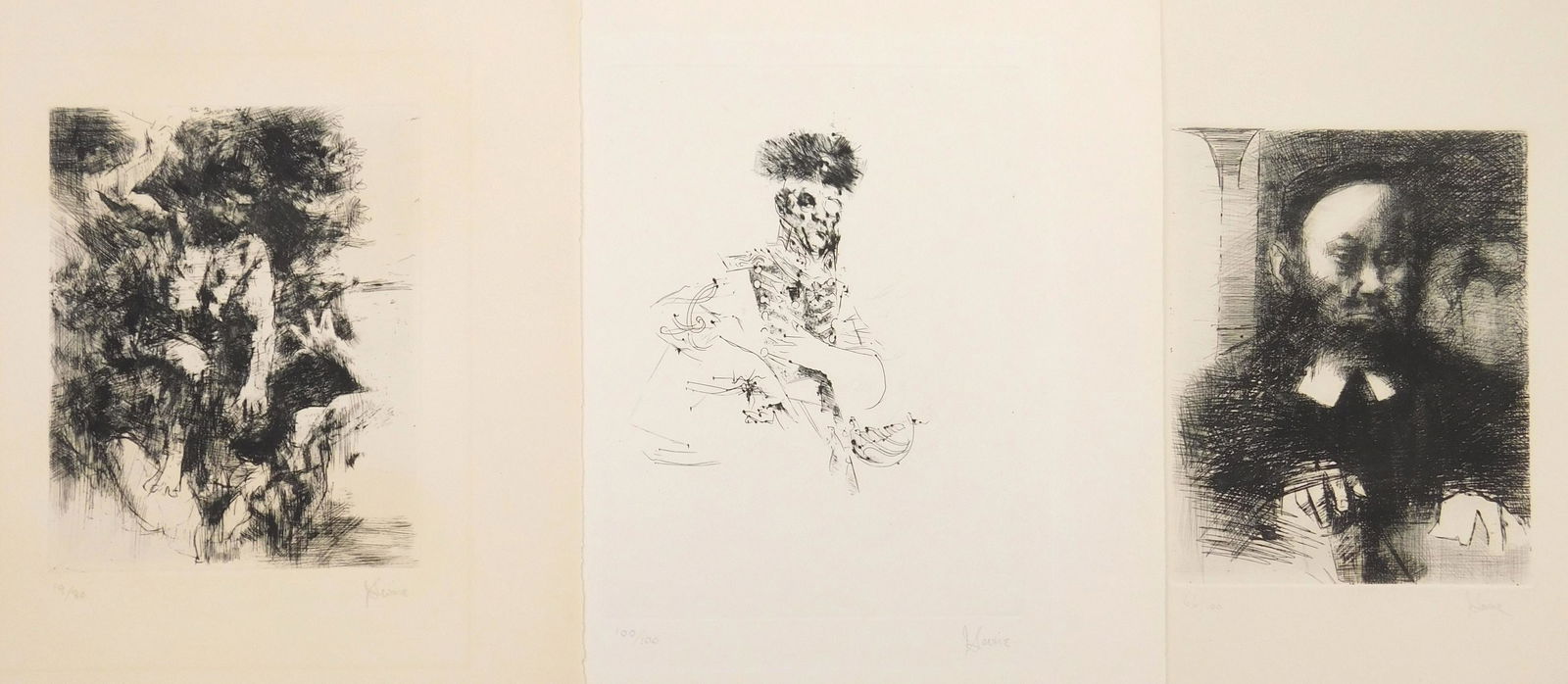 3 Jack Levine etchings: Jack Levine (American 1915-2010) 1). ''Ashkenazi II'' (Prescott 16)- etching and drypoint, 1964, signed and numbered 66/100 in pencil. 9 3/8 x 7 3/8''; 2). ''Cain and Abel'' (P. 21)- etching and drypo