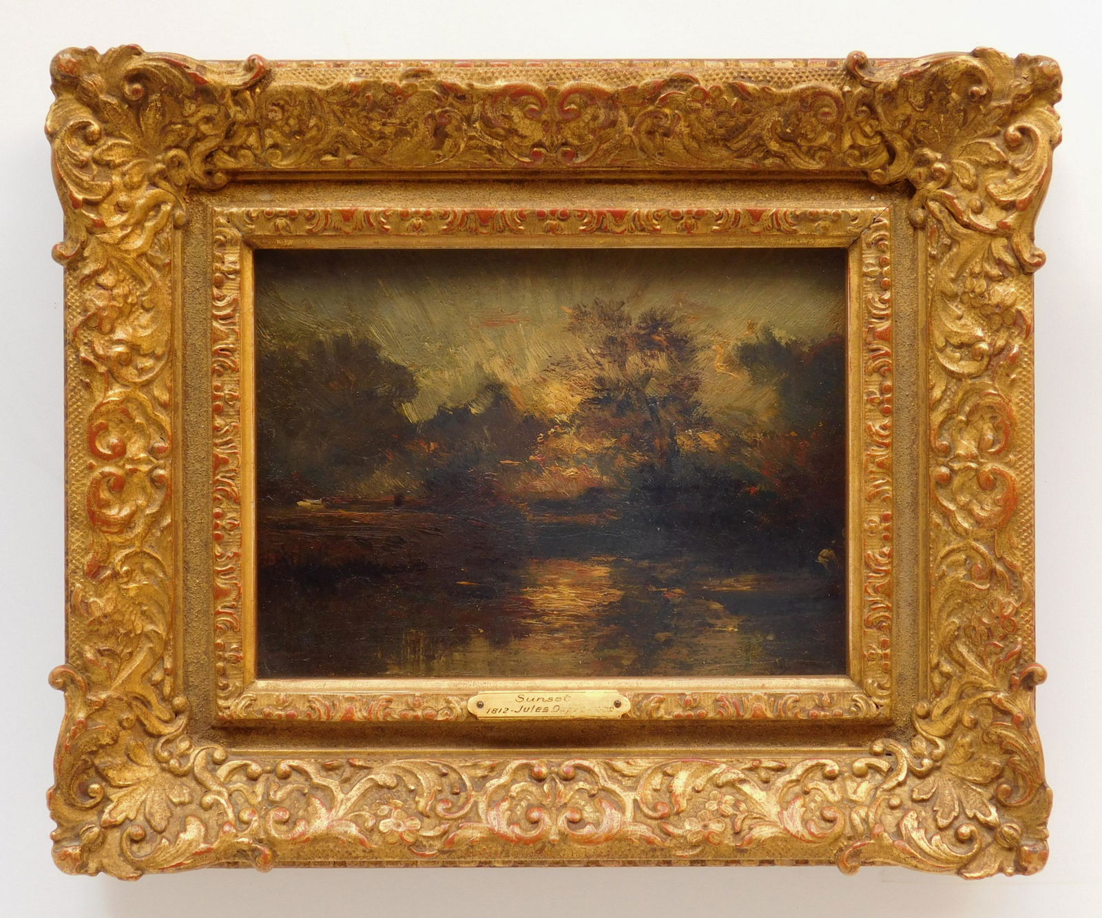 Jules Dupre oil: Jules Dupre (French 1811-1889) ''Soleil Couchant'' oil on canvas, initialed 'J. D.' lower right, framed. 6 1/4 x 8 1/2'' Provenance: Stephen Geraci collection, Pepper Pike, OH Vixseboxse Gallery, Cle