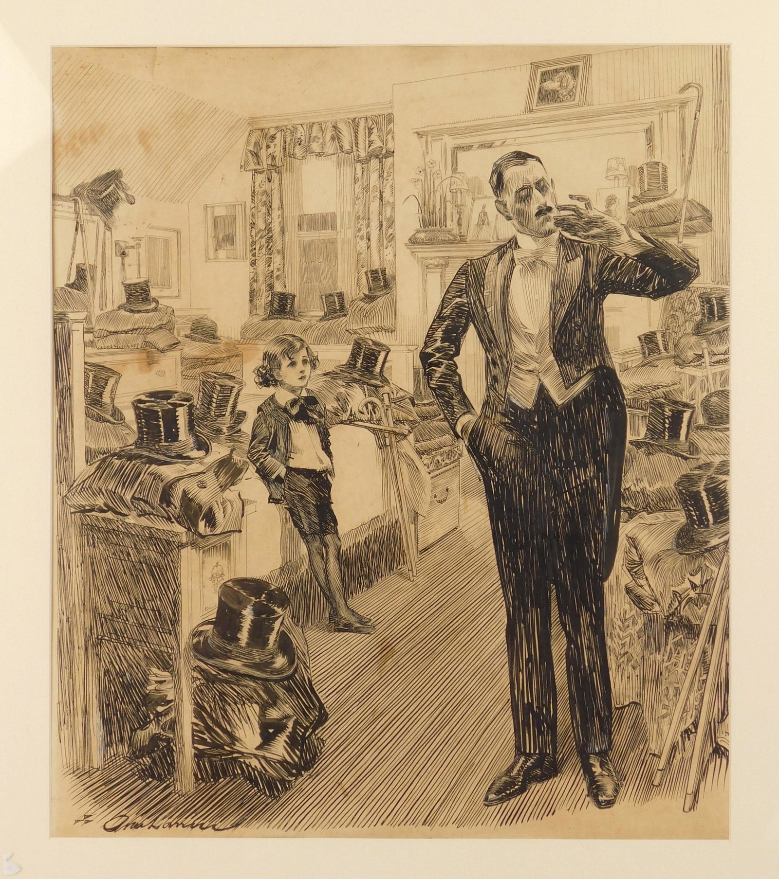 Orson Lowell pen and ink: Orson Lowell (1871-1956) ''Night of a Thousand 'Highs''' pen and ink on paper, signed Orson Lowell lower left, 1 1/4'' tear in paper along top edge, includes a copy from the paper it was used as an il