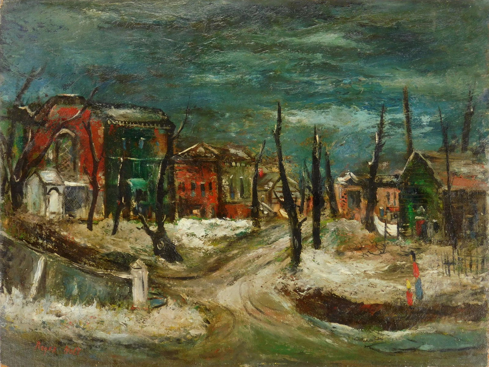 Roger Holt oil: Roger Holt (1905-1979) ''Winter by the Lake'' oil on board, 1952, signed Roger Holt lower left, titled and dated verso, good condition. 18 x 24''