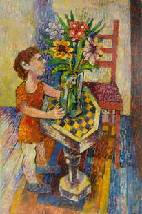 Louis Wolchonok oil: Louis Wolchonok (1898-1973) ''Woman and Flowers oil on canvasboard, estate stamped verso, good condition. 36 x 24''