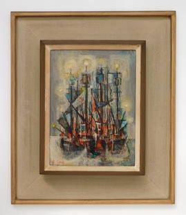 Si Lewen oil: Si Lewen (1918-2016) Boats at Dock oil on masonite, signed Si Lewen lower right, framed, very good condition. 16 x 12''