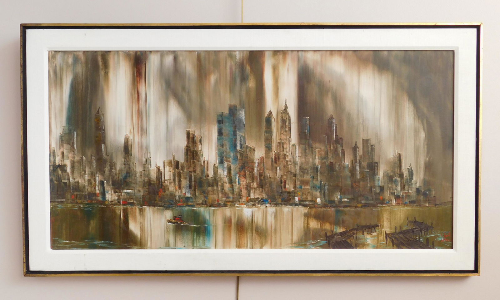 Robert Lebron oil: Robert Lebron (1928-2013) New York Skyline oil on canvas, signed Robert Lebron lower right, framed, very good condition. 20 x 40''