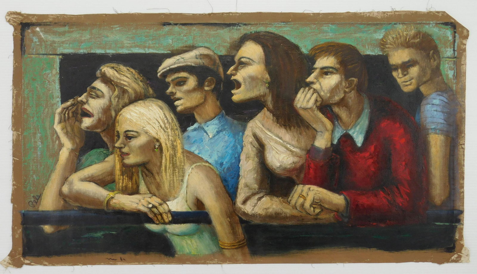 Albert Pels oil: Albert Pels (1910-1998) ''Protests from the Spectators of a Soccer Game'' oil on canvas, signed Pels lower right, titled verso, good condition. 16 x 30'' Provenance: Private collection, New York, NY B