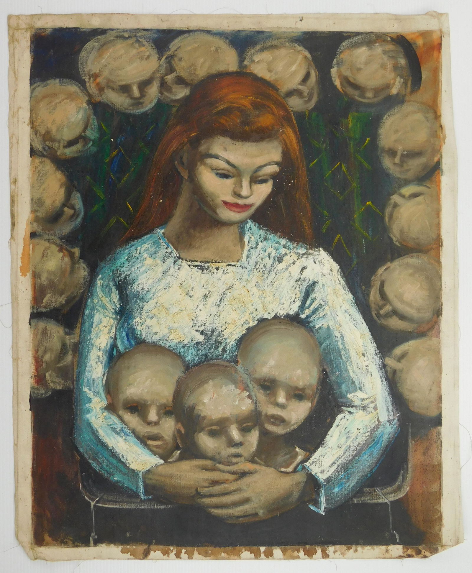 Albert Pels oil: Albert Pels (1910-1998) ''Woman with Three Babies and others on Border oil on canvas, good condition. 30 x 24'' Provenance: Private collection, New York, NY By descent estate of the artist.