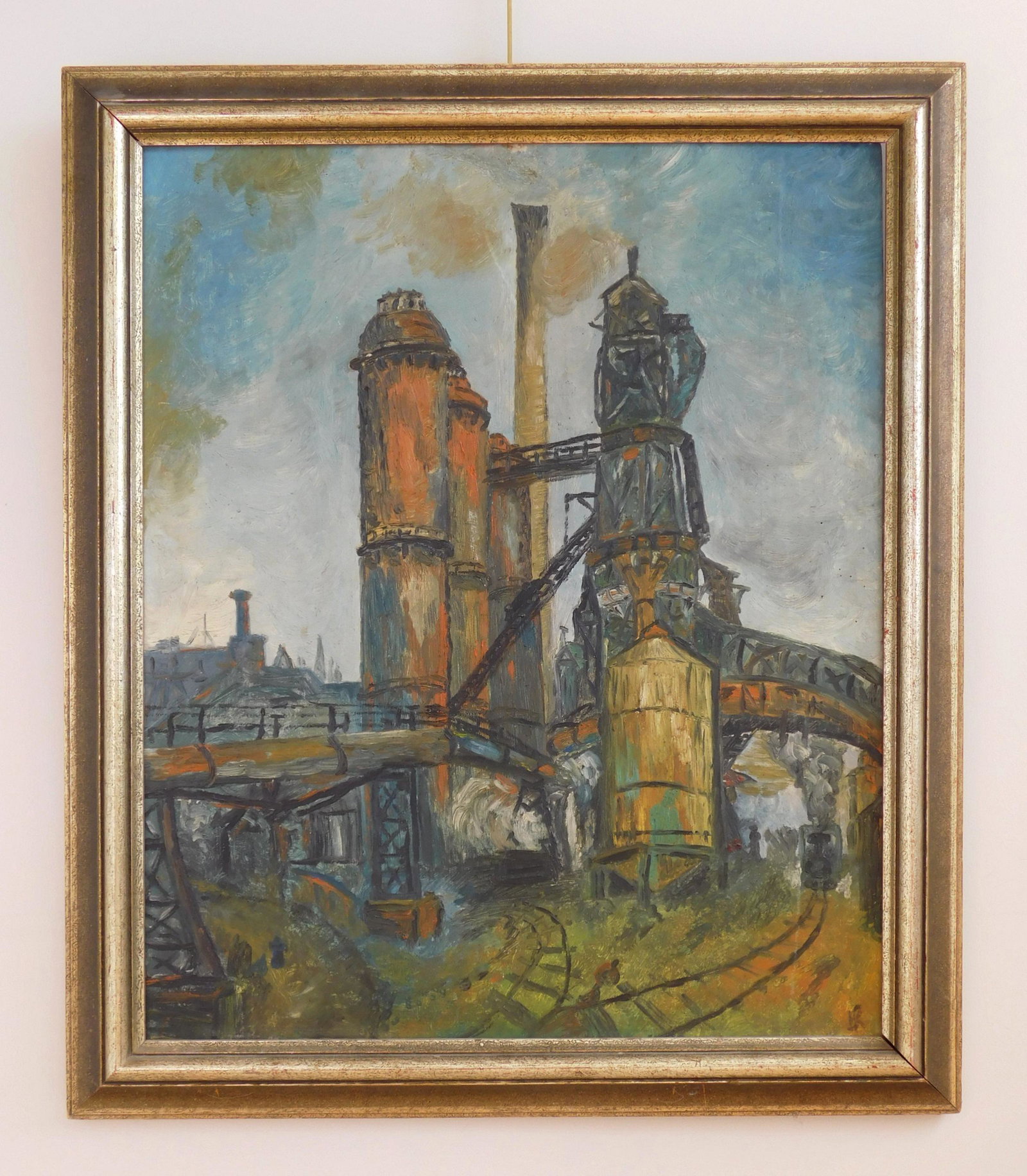 20th c. American School oil: 20th c. American School Industrial Scene oil on panel, monogrammed lower right, framed very good condition. 28 x 23''