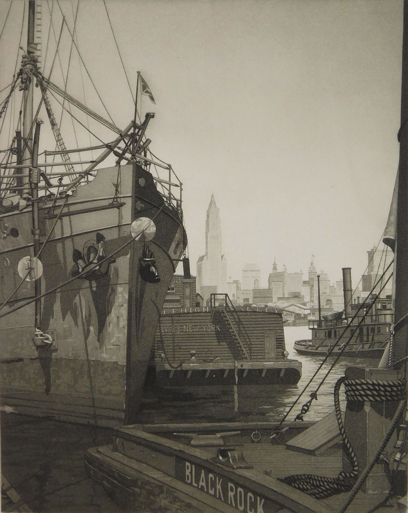 John Taylor Arms etching and mezzotint: John Taylor Arms (1881-1953) ''Early Morning, North River (Black Rock)'' etching and mezzotint, 1921, signed in pencil, edition of 100, good condition. 9 1/2 x 7 1/2''