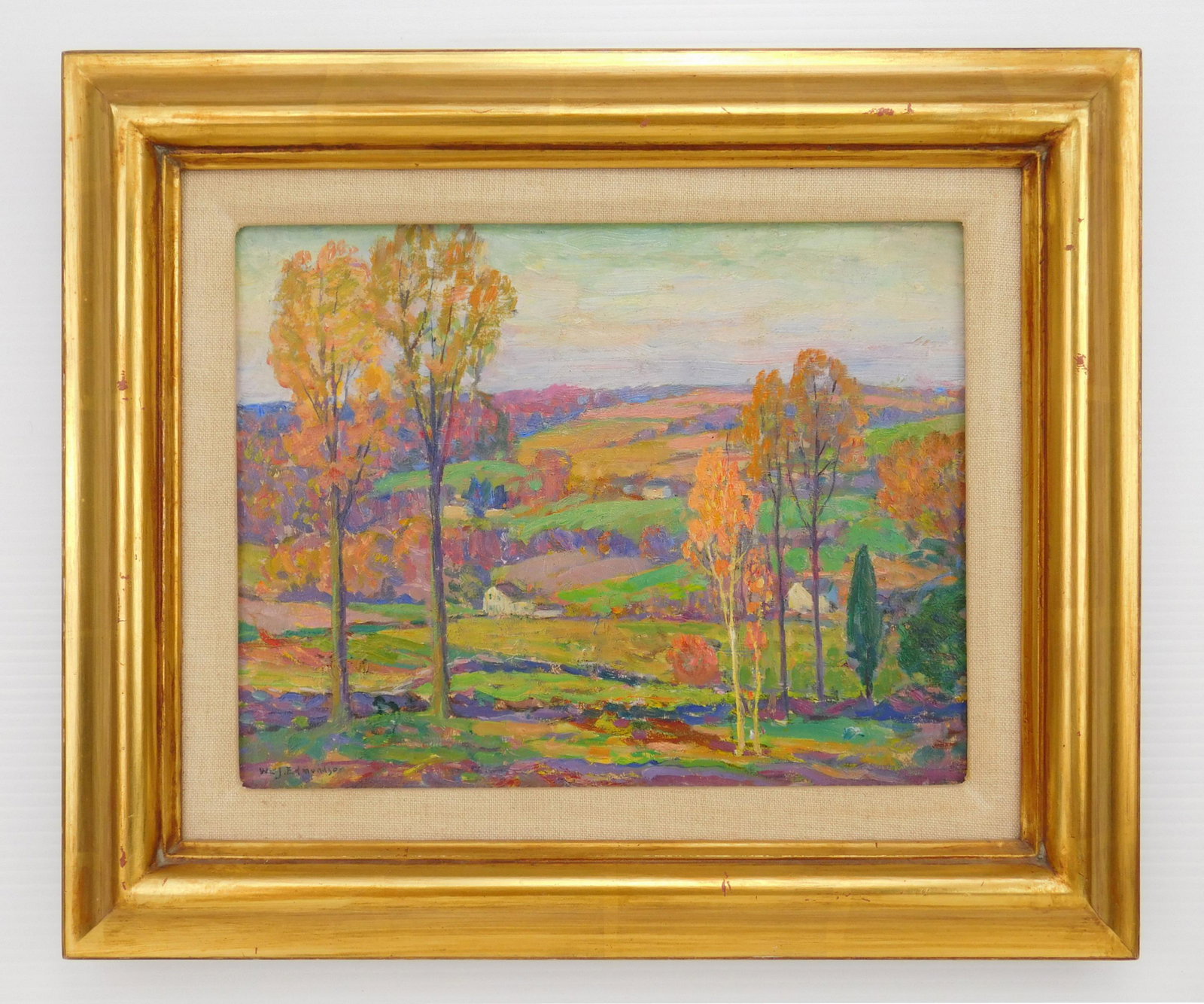 William J. Edmondson oil: William J. Edmondson (1868-1966) ''Late Afternoon'' oil on board, signed W. J. Edmondson lower left, framed, very good condition. 8 1/2 x 10 1/2'' This work was painted at the Artist's Colony, Silverm