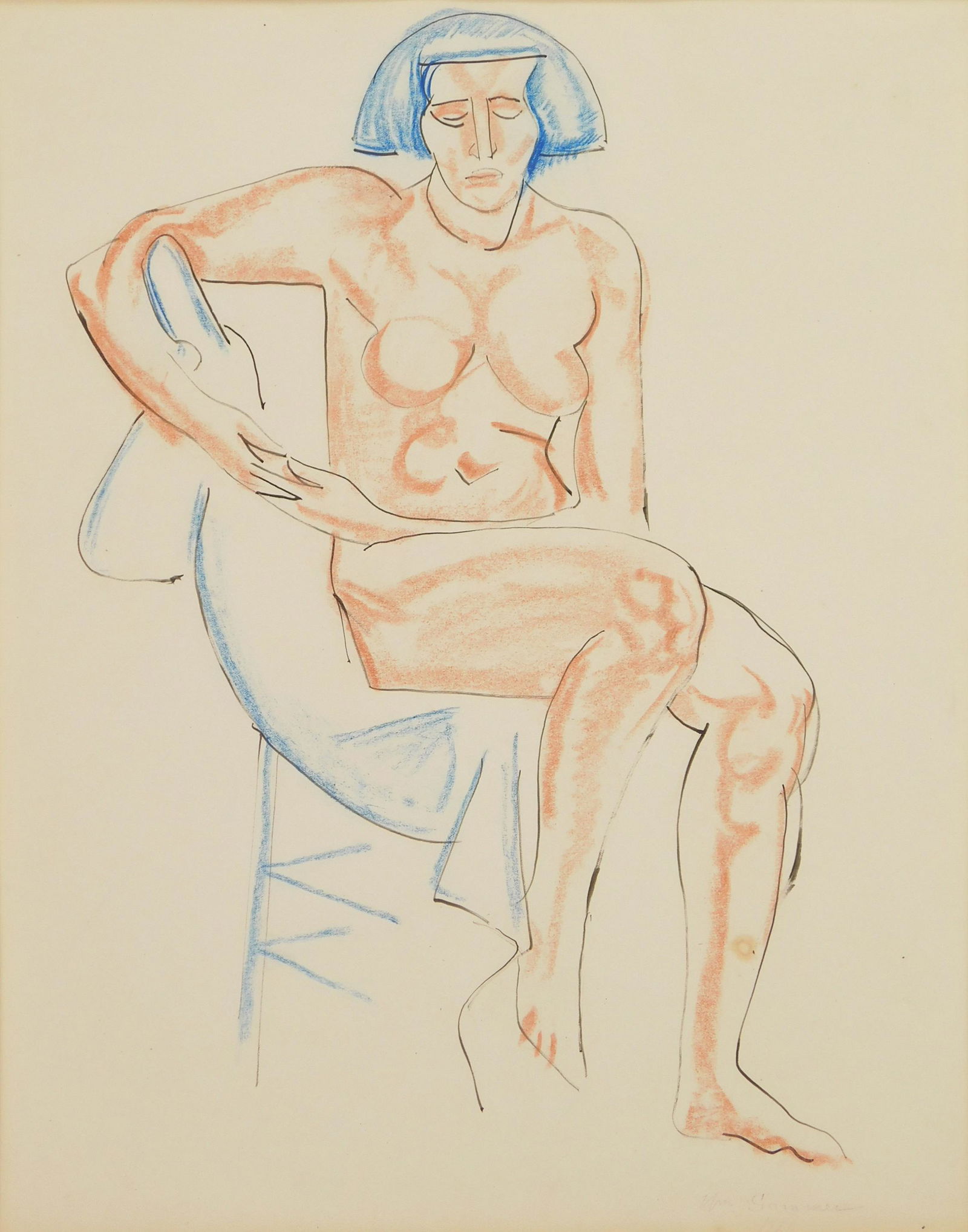 William Sommer pastel and ink: William Sommer (1867-1949) Nude with Blue Hair pastel and pen and ink on paper, 1926, signed Wm. Sommer 1926 lower right, matted and framed, one spot of stain in left leg. 16 x 13'' Provenance: Privat