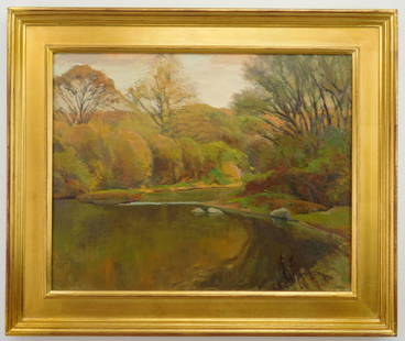 George G. Adomeit watercolor: George G. Adomeit (1879-1967) ''Bend Along the Chagrin River'' oil on canvasboard, ca. 1930's, framed. 16 x 20'' Provenance: Neue, Cleveland, OH, 11/23/2019, Lot 89 Exhibited: George Adomeit Reconside