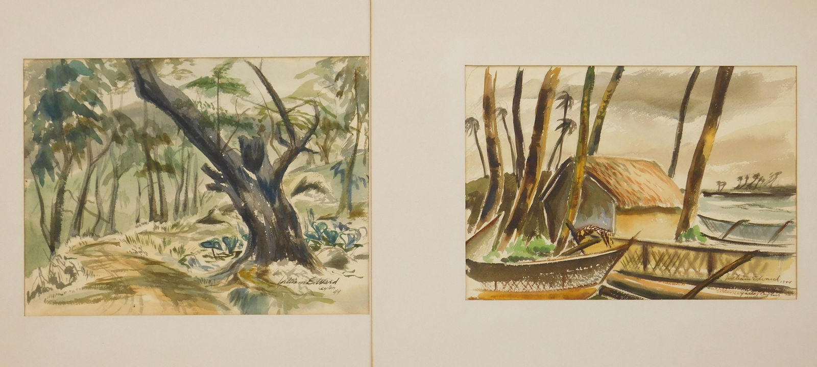2 William Ward watercolors: William E. Ward (1922-2004) ''Road to the Tea Estate, Ceylon'' & ''They Have Returned with Fish'' 2 watercolor on paper, 1944, both signed William E. Ward 1944/ Ceylon lower right, paper slightly lig
