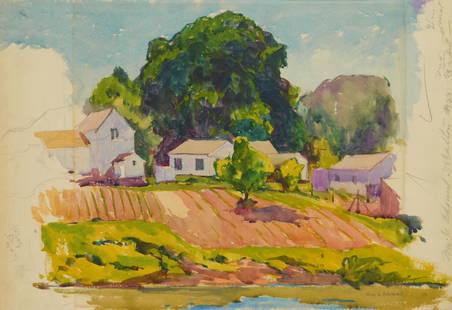 George G. Adomeit watercolor: George G. Adomeit (1879-1967) Chagrin Valley Farm watercolor on paper, old mat line from previous mat on left side otherwise good condition. 14 1/2 x 15 1/2'' Provenance: Private collection, Cleveland