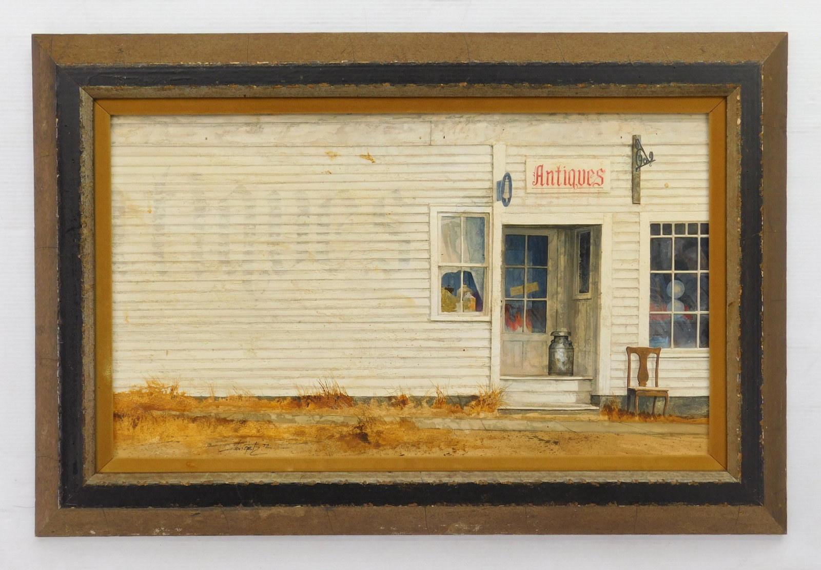 Dan Getz acrylic: Don Getz (20th /21st) ''Anntiques'' acrylic on panel, 1972, signed D. Getz 72 lower left, framed, surface grime. 13 1/2 x 23 1/2'' Provenance: Estate, Warren, OH