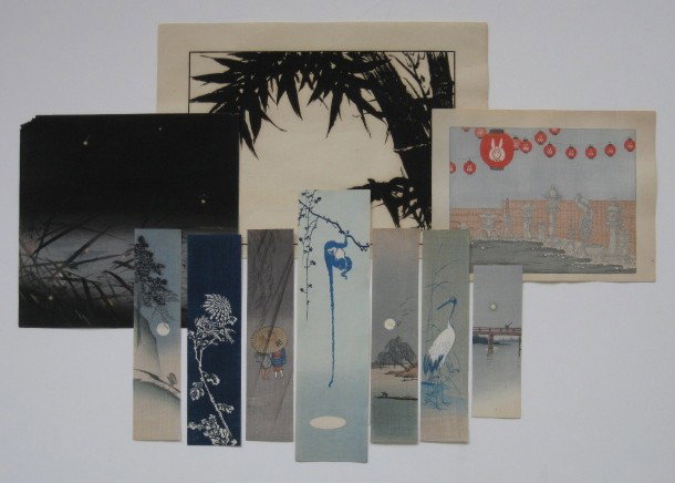 19th / 20th c. Japanese School 10 woodcuts: 19th / 20th c. Japanese School- Landscapes, Flowers, Plants, etc.- 10 woodcuts, including 1 by Kogyo Tsukioka of Lighting Bugs, various sizes.