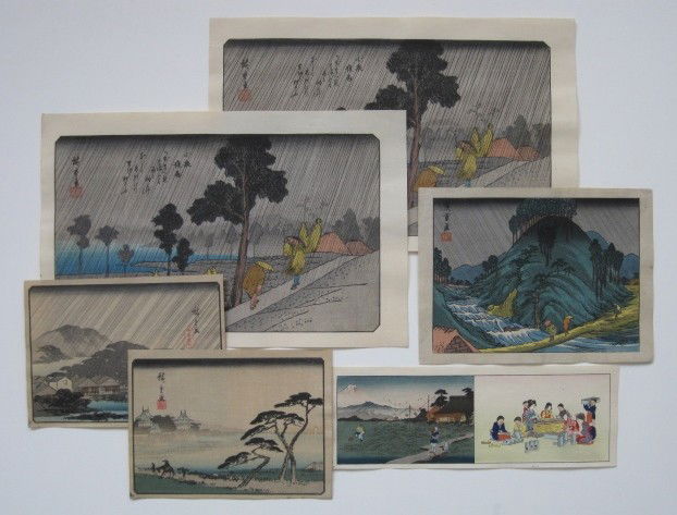 after Hiroshige Ando 5 woodblocks: after Hiroshige Ando- ''Night Rain at Kozumi'' (2); Coastal Scene with Castles in Distance; Mountainous Landscape in Rain; Rainy Landscape- 5 woodblocks in colors, 'Night Rain' from series 'Eight View