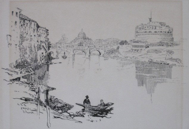 20th c. American School after J. Pennell drawing: 20th c. American School after Joseph Pennell- ''The Bridge of Alcantara, Toledo''- pen and ink on illustration board, signed 'L. T. O. D'Apres J. Pennell', slightly light struck. 8 x 11''