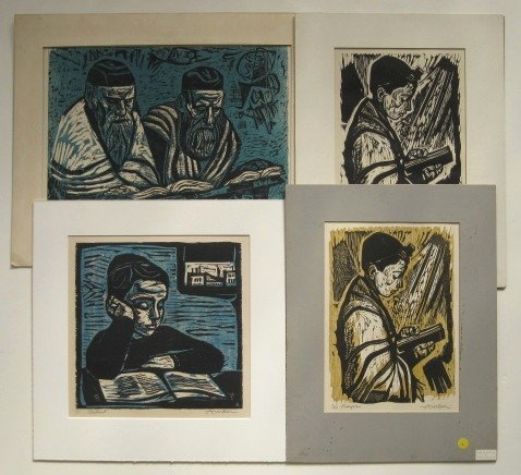 Irving Amen 4 woodcuts: Irving Amen- ''Student''; ''Scholars''; ''Prayer''; ''Prayer''(in colors)- 4 woodcuts (3 in colors), all signed, titled and numbered 20/200, 37/100, 31/200 and 14/100 in pencil, 'Prayer' (in colors) w