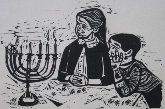 Irving Amen woodcut: Irving Amen- ''Chanukah''- woodcut, signed, titled and numbered 35/200 in pencil, slightly light struck, old masking tape around edges verso and recto. 10 x 14 1/4''