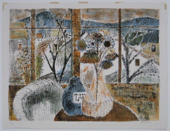 Guy Bardone lithograph: Guy Bardone- ''Nature Morte Au Pot De Tabac'' (Passerou 26)- lithograph in colors, 1962, signed and numbered 42/100 in pen, old tape stains along top edge. 17 1/2 x 23 1/4''