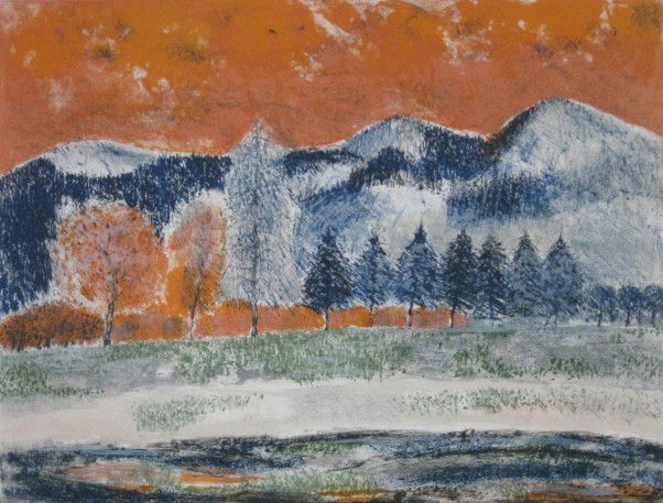 Guy Bardone lithograph: Guy Bardone- ''Neige Au Ciel Orange'' (Passerou 71)- lithograph in colors, 1969, signed and numbered 33/125 in pencil. 16 1/2 x 21 1/2''