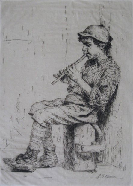 John George Brown etching: John George Brown- ''Business Neglected''- etching on laid tissue, signed in pencil, good condition. 13 3/8 x 9 1/2''